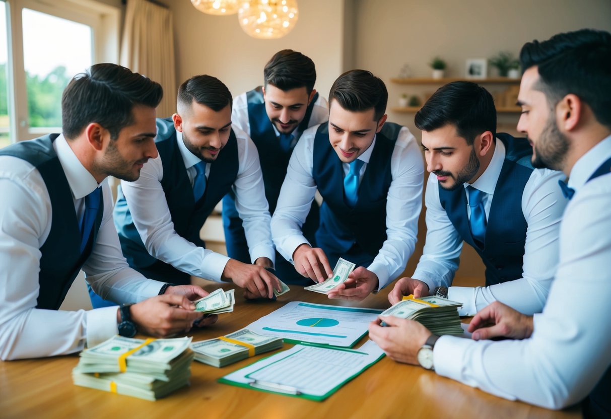 A group of groomsmen gather around a table, counting money and discussing expenses for a stag do. A budget spreadsheet and a stack of bills are visible