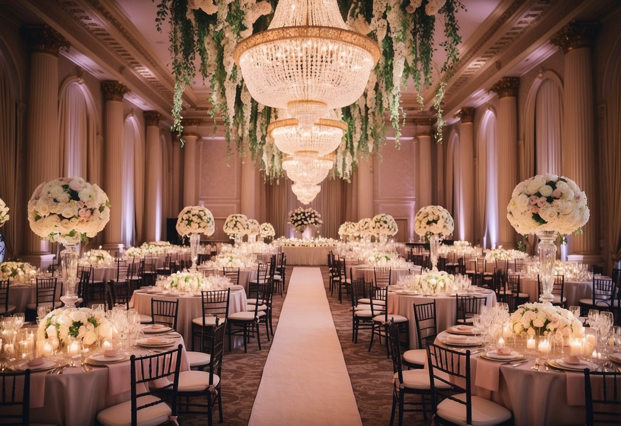 A grand ballroom filled with cascading flowers, soft candlelight, and opulent chandeliers, set with luxurious linens and elegant tableware