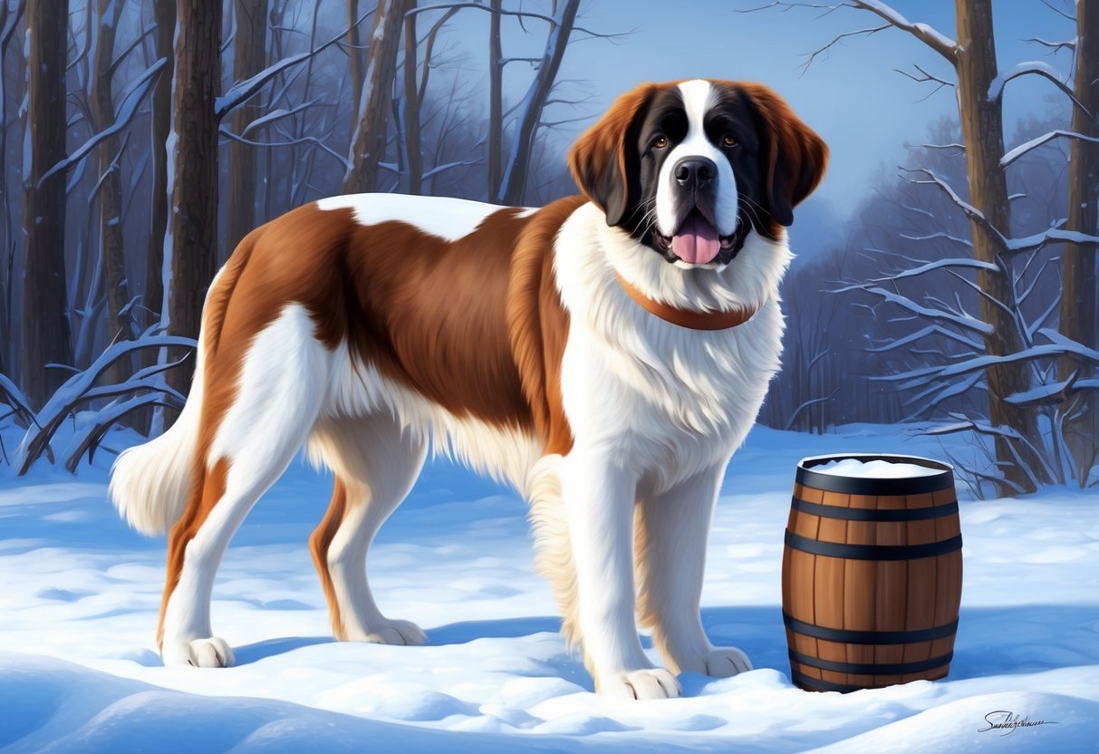 A Saint Bernard dog stands in the snow, with a barrel around its neck