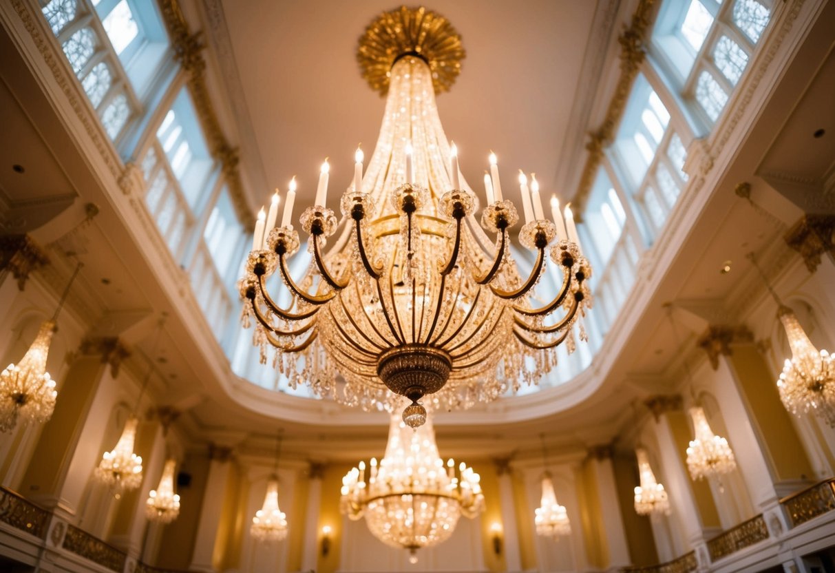 A grand chandelier hangs from a high ceiling in a lavish ballroom, casting a warm glow over the opulent decor of gold and ivory