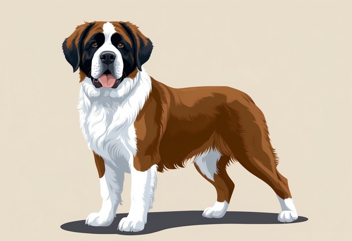 A Saint Bernard dog standing tall and strong, with a thick, fluffy coat and a friendly, gentle expression