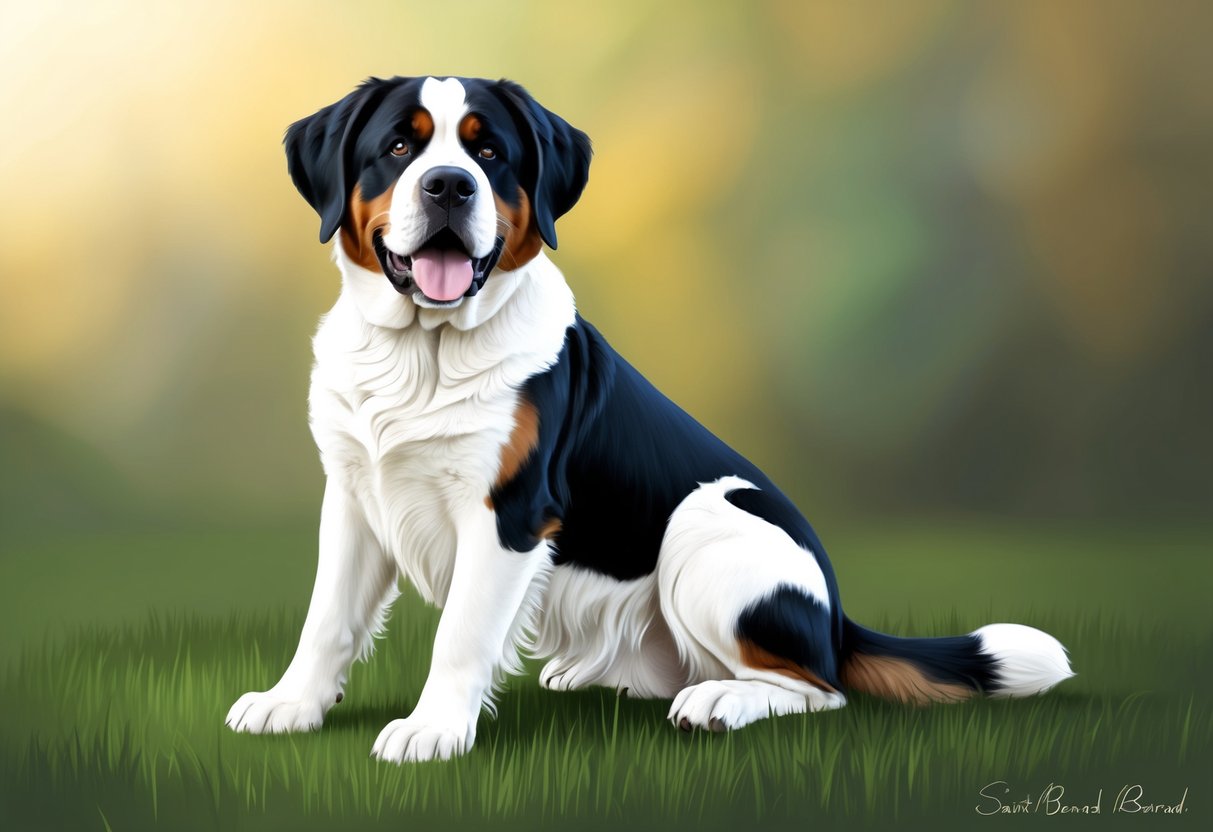 A Saint Bernard dog sits calmly with a friendly expression, wagging its tail