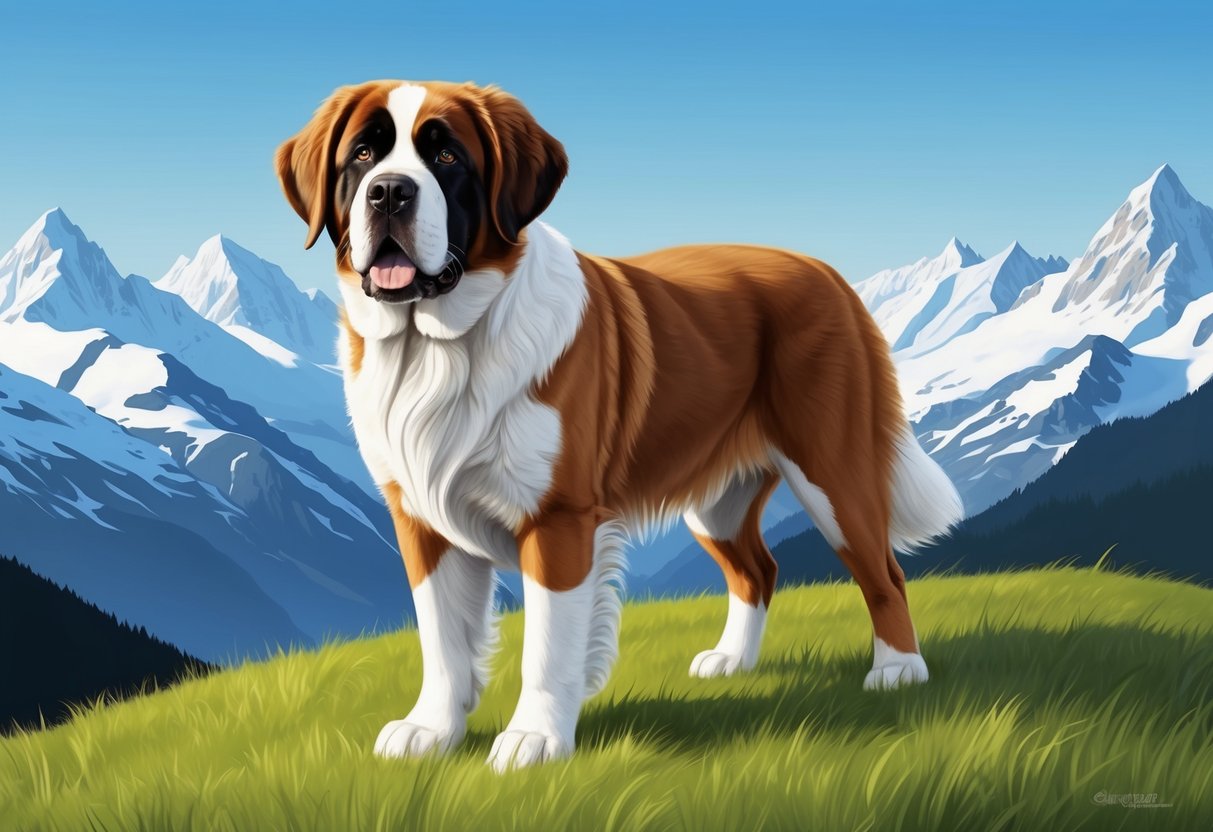 A Saint Bernard dog with a shiny coat and gentle eyes, standing on a grassy hill, surrounded by snow-capped mountains and a clear blue sky