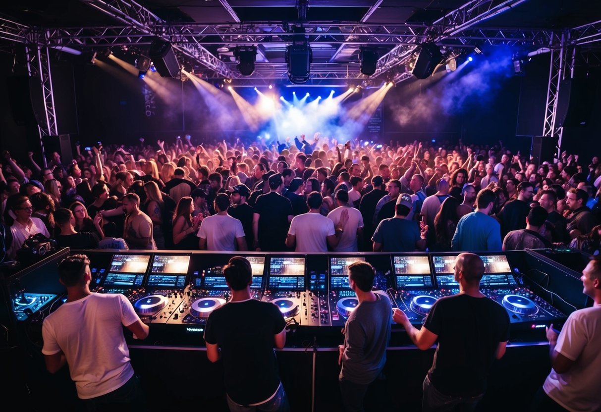 A crowded dance floor, pulsing with energy as people move to the beat. The DJ booth is alive with flashing lights and thumping speakers, commanding the crowd with seamless transitions and infectious rhythms