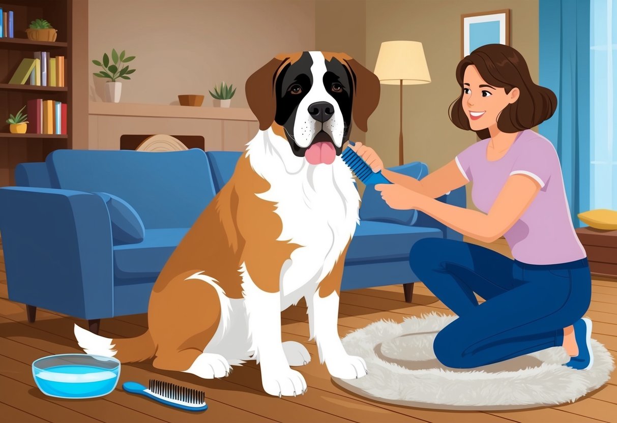 A Saint Bernard dog being groomed and brushed by its owner in a cozy living room, with a bowl of water and a comfortable bed nearby