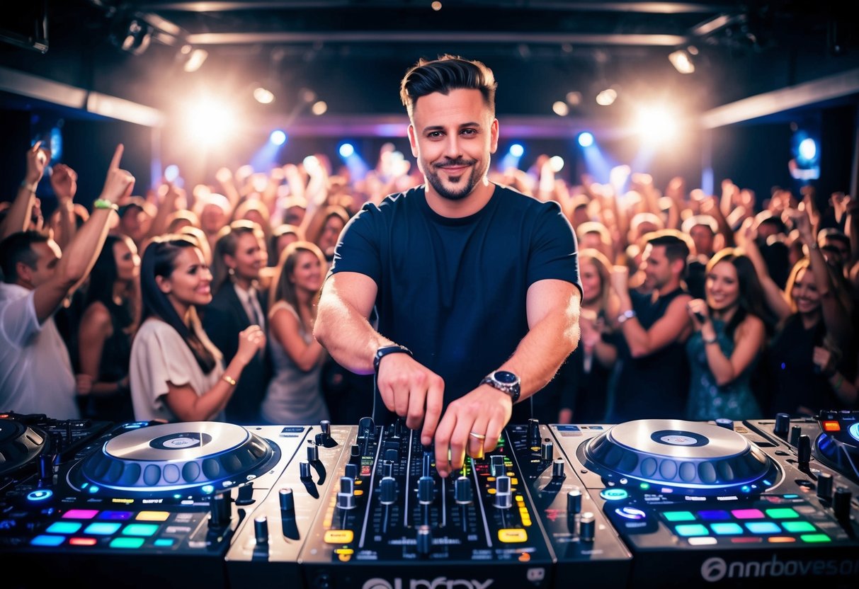 A DJ standing confidently behind a booth, adjusting knobs and faders with precision, while the crowd dances enthusiastically to the seamless mix of music