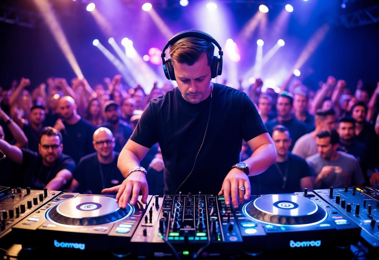 A DJ seamlessly transitions between tracks, blending genres and tempos, captivating the crowd with their technical skills and creative mixing
