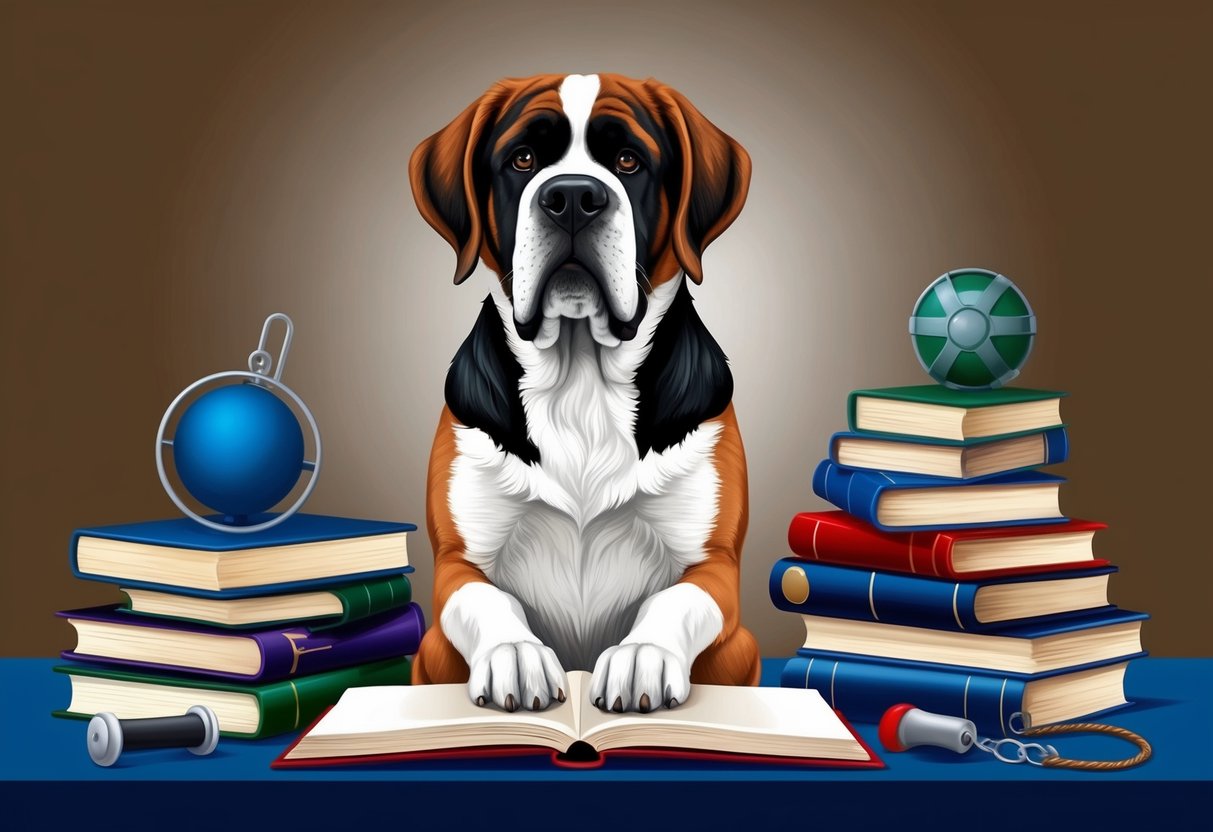 A Saint Bernard dog sits attentively, surrounded by books and training equipment, with a focused expression and intelligent eyes