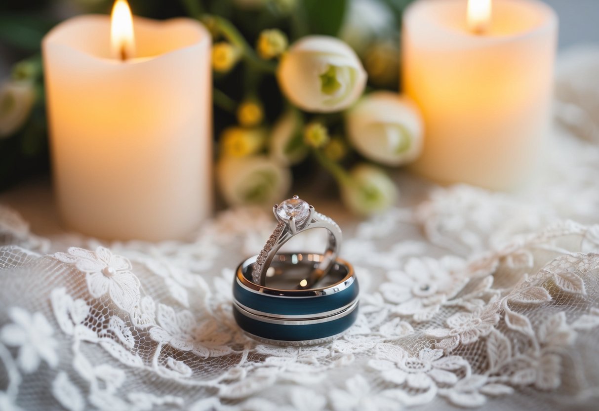 A pair of wedding rings placed on a delicate lace fabric, surrounded by soft candlelight and fresh flowers