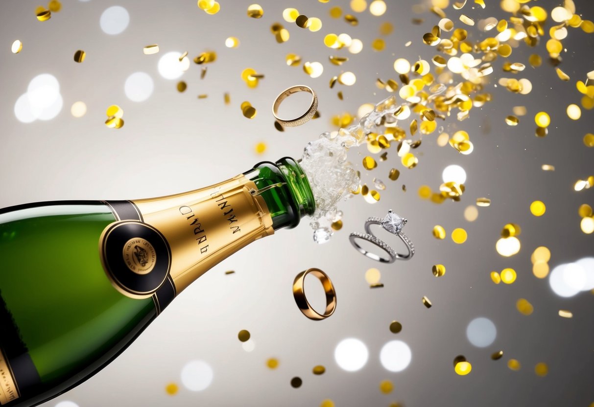 A champagne bottle popping open, surrounded by confetti and a pair of wedding rings