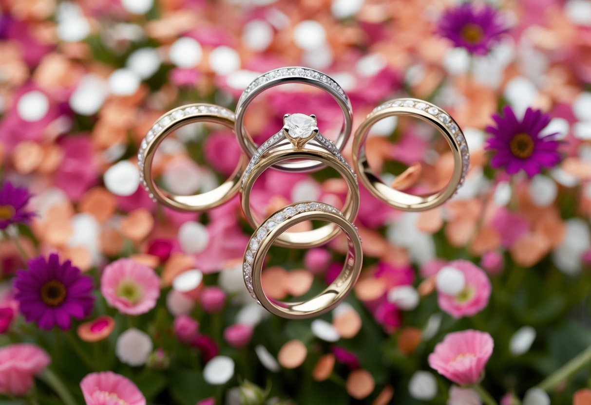 A group of floating wedding rings surrounded by confetti and flowers