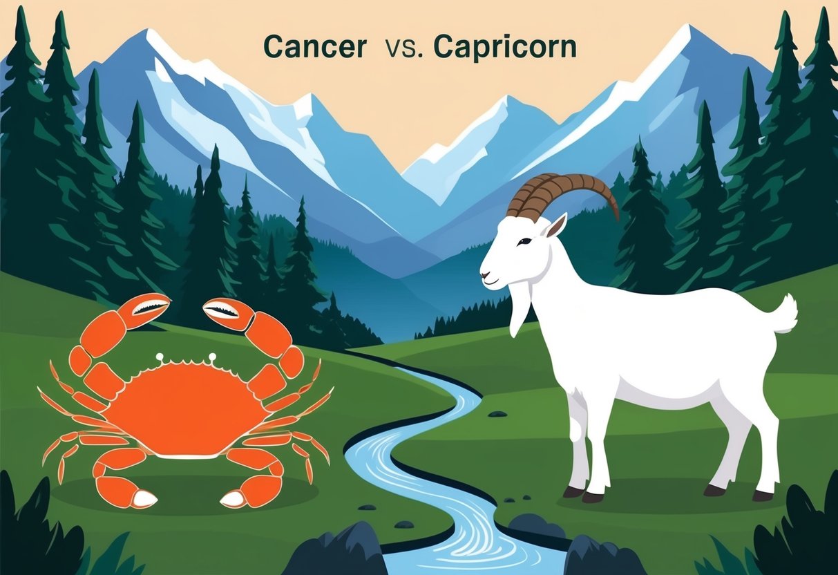 A serene mountain landscape with a gentle stream flowing between a crab and a goat, symbolizing the compatibility between Cancer and Capricorn