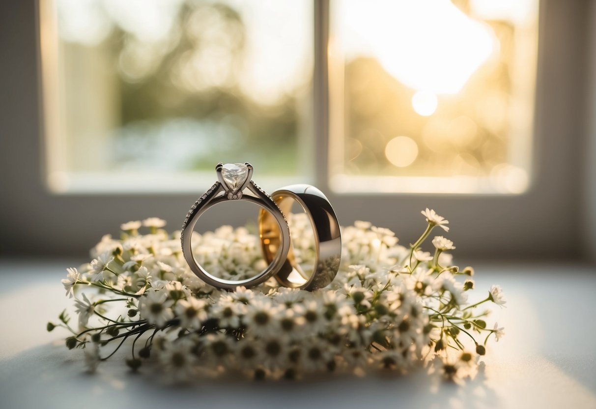 A pair of elegant wedding rings sitting on a bed of delicate flowers, with a soft glow of sunlight streaming through a window