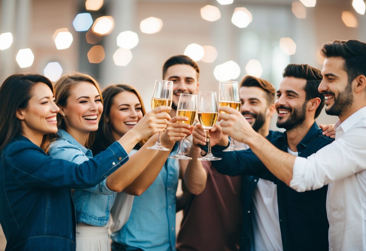 A group of friends raise their glasses in celebration, smiling and laughing together
