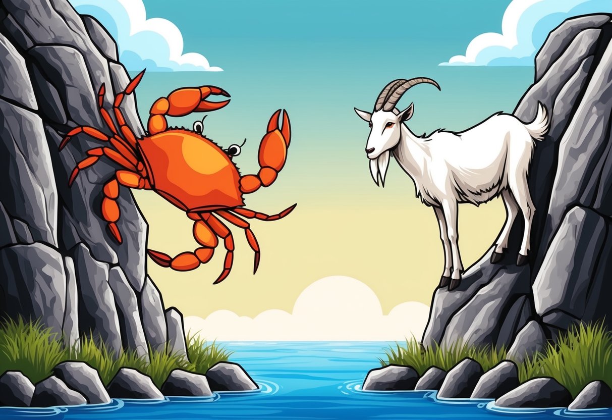 A crab and a goat stand on opposite sides of a rocky cliff, reaching out to each other but unable to bridge the gap