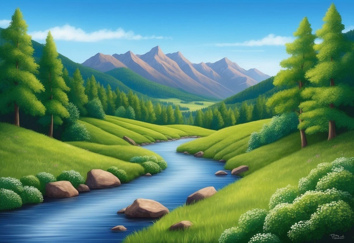 A serene mountain landscape with a gentle stream flowing between lush greenery and a clear blue sky above