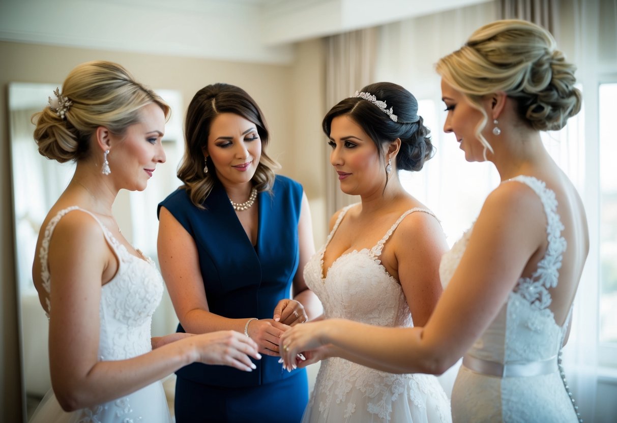 A bridal consultant and designer assist a bride in trying on wedding dresses, discussing the option of wearing a bra