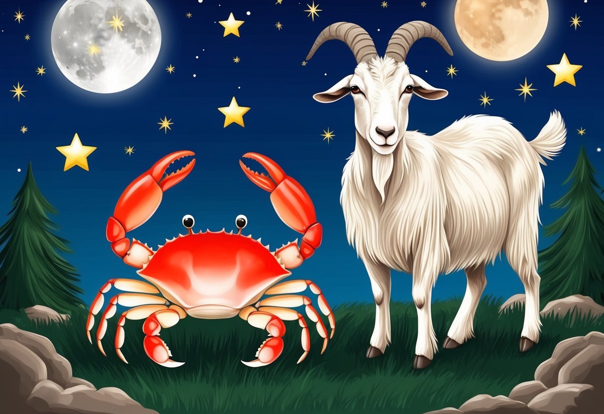 A crab and a goat standing together under the night sky, surrounded by stars and the moon