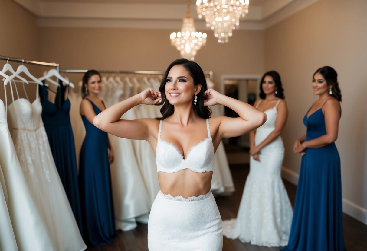 A woman confidently tries on wedding dresses without a bra, embracing her personal style