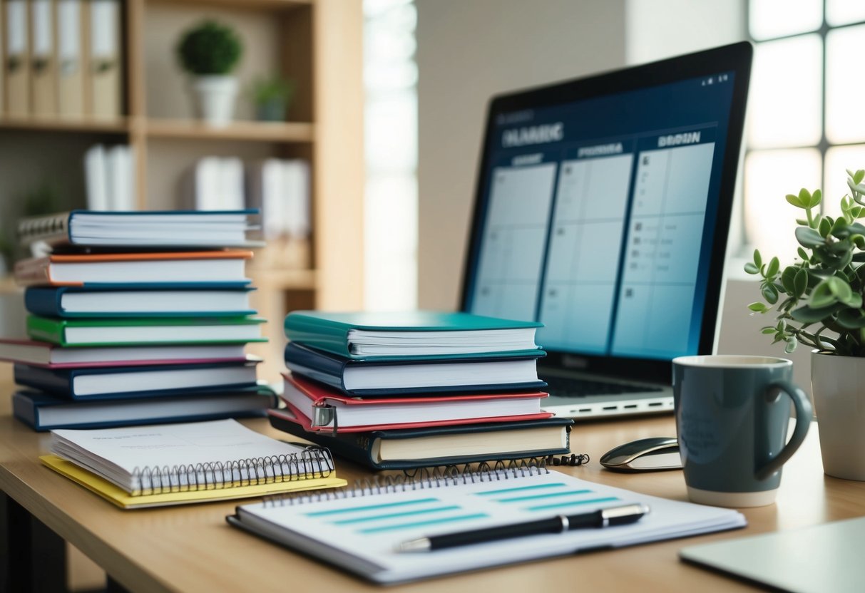 A desk with a laptop, planner, and calendar. A stack of event planning books and a notepad with brainstorming ideas. A mug of coffee and a potted plant on the side