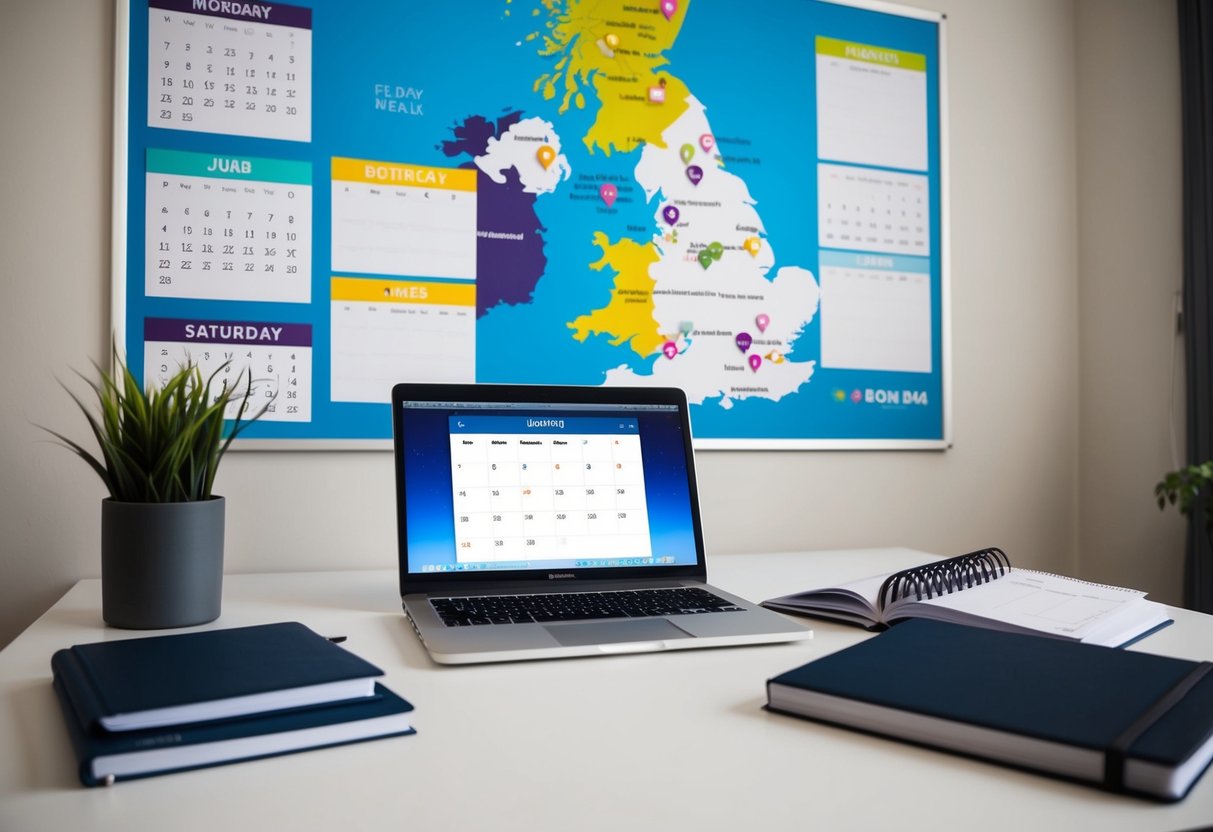 A desk with a laptop, calendar, and planner books. A UK map on the wall with event venues marked