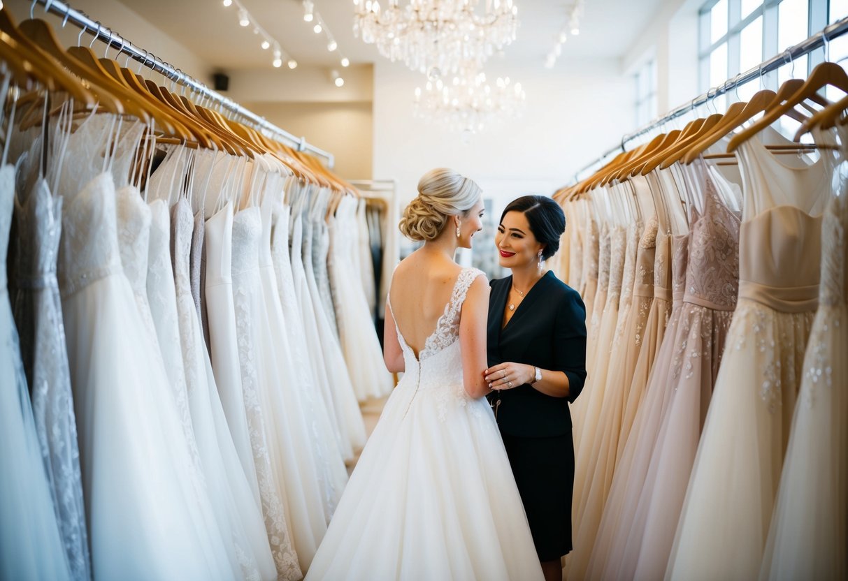 A bride surrounded by racks of wedding dresses, consulting with a stylist in a bright and spacious bridal boutique