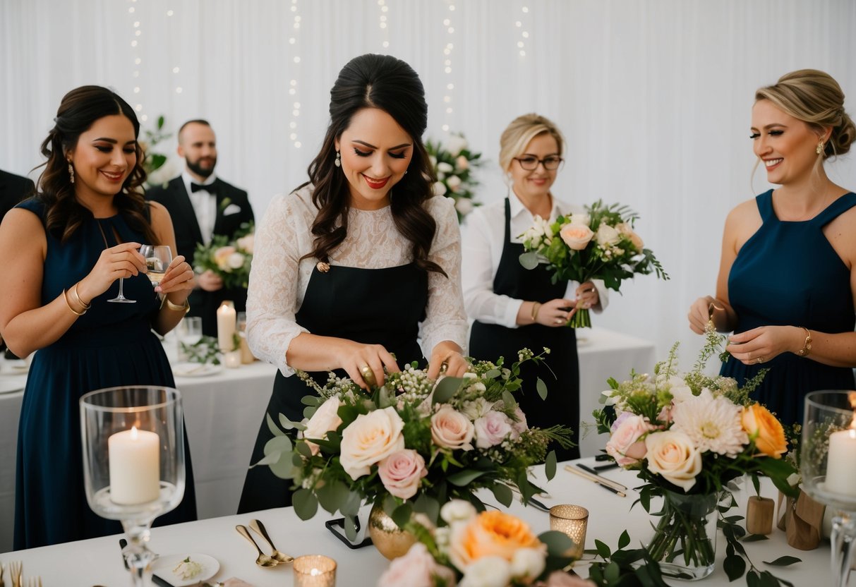 A wedding stylist arranging flowers and decor, coordinating with vendors, and ensuring the overall aesthetic and atmosphere of the event