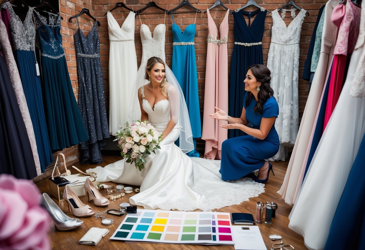 A bride surrounded by a variety of wedding dresses, accessories, and color swatches, while a stylist offers guidance and suggestions