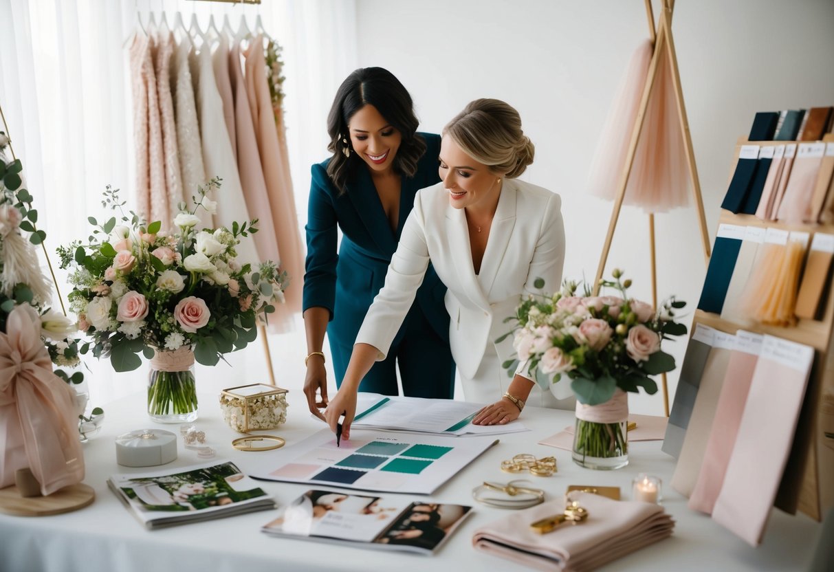 A wedding planner and stylist collaborate on a vision board, surrounded by fabric swatches, floral arrangements, and bridal magazines