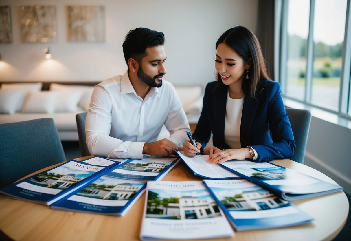 A couple sits at a table, surrounded by brochures and price lists for different wedding venues. They are deep in discussion, comparing options and making notes