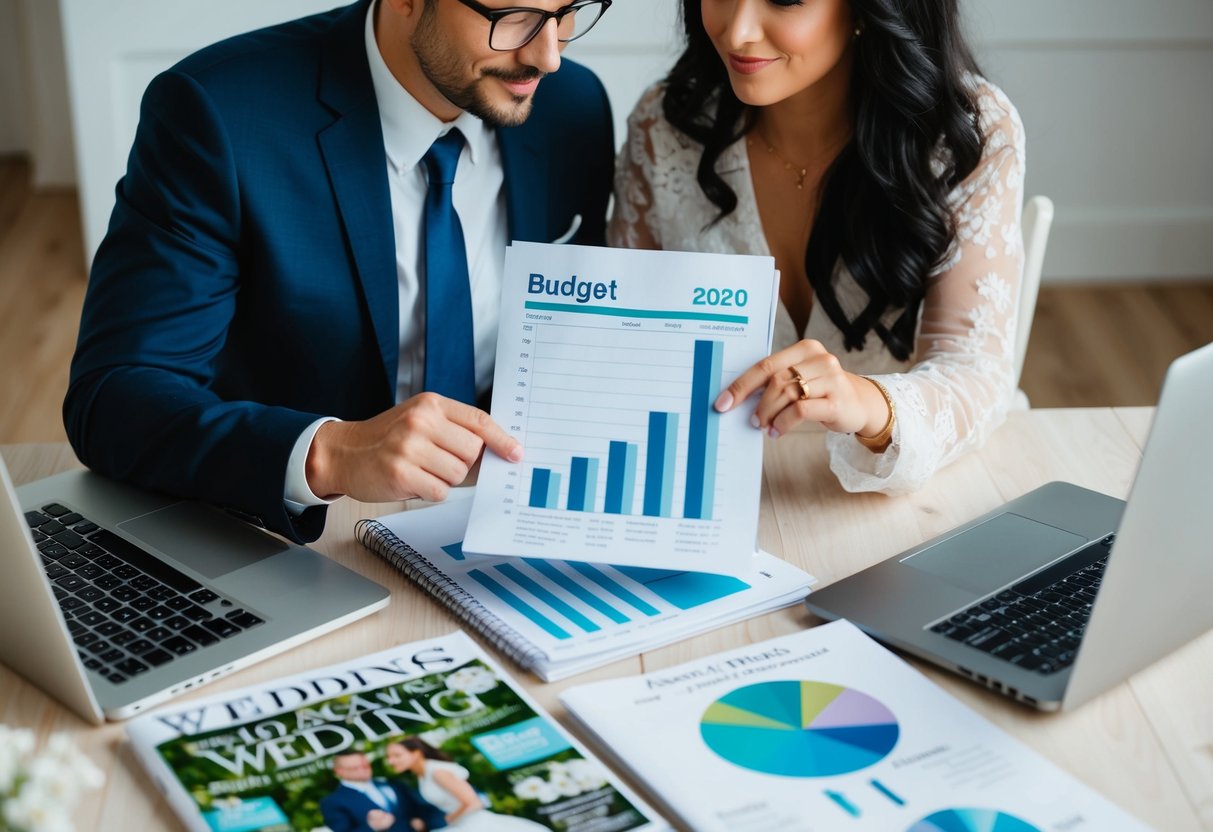 A couple reviewing a budget spreadsheet, surrounded by wedding magazines and a laptop, with a determined expression on their faces