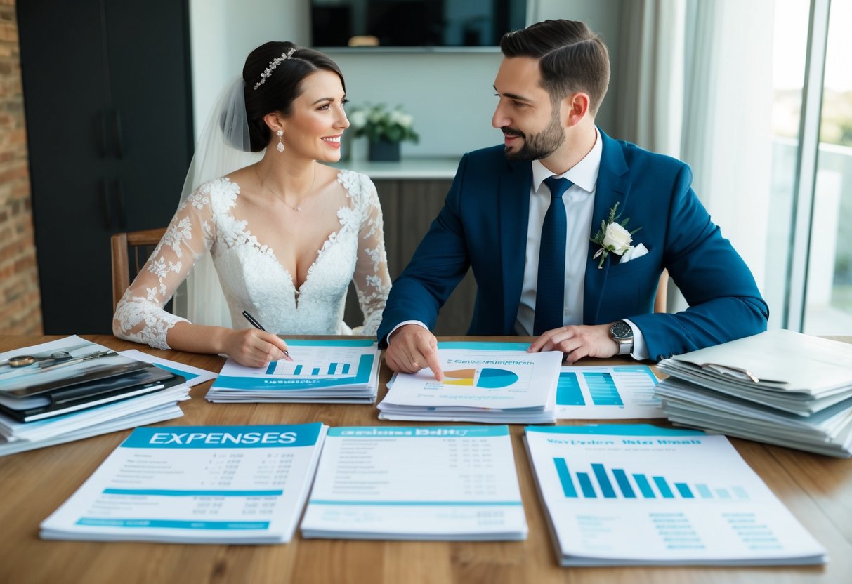A couple sits at a table covered with wedding magazines and spreadsheets, calculating expenses and discussing budget options