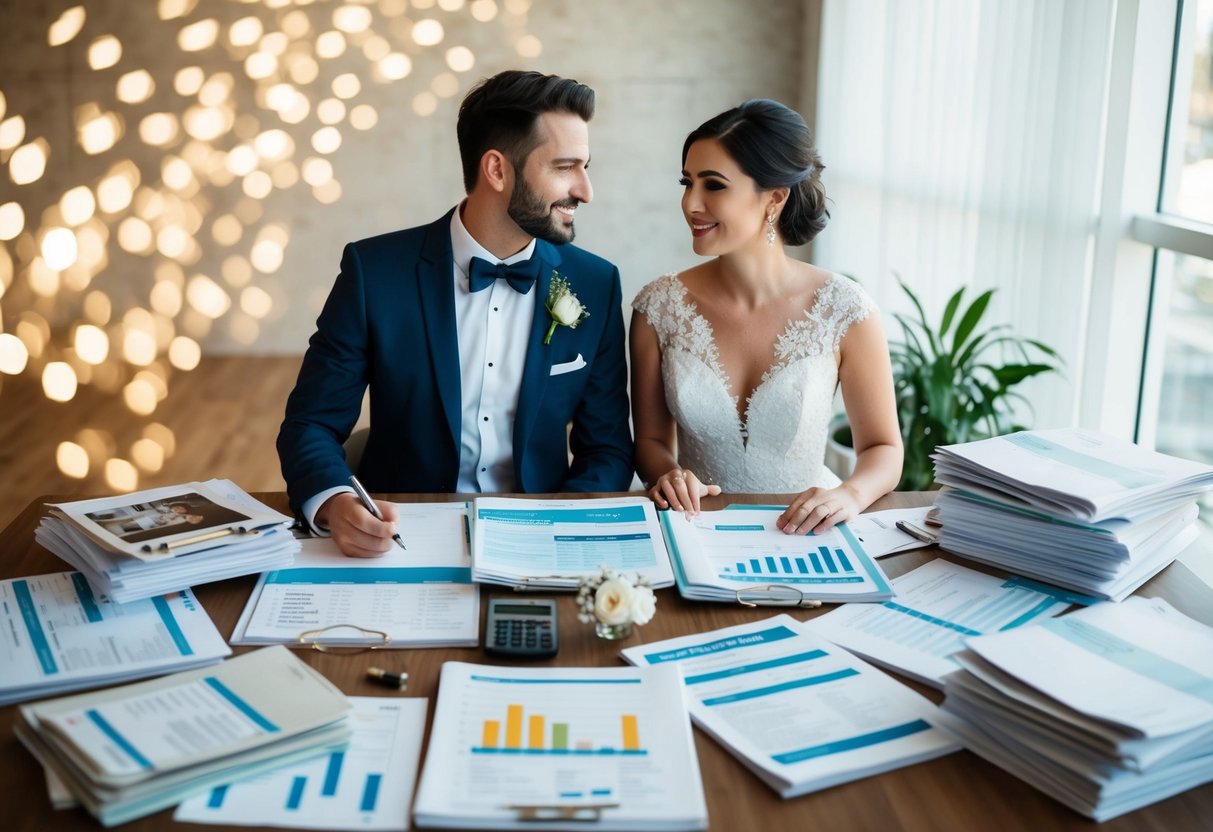 A couple sits at a table covered in wedding magazines and spreadsheets, calculating expenses and discussing budget for their upcoming wedding