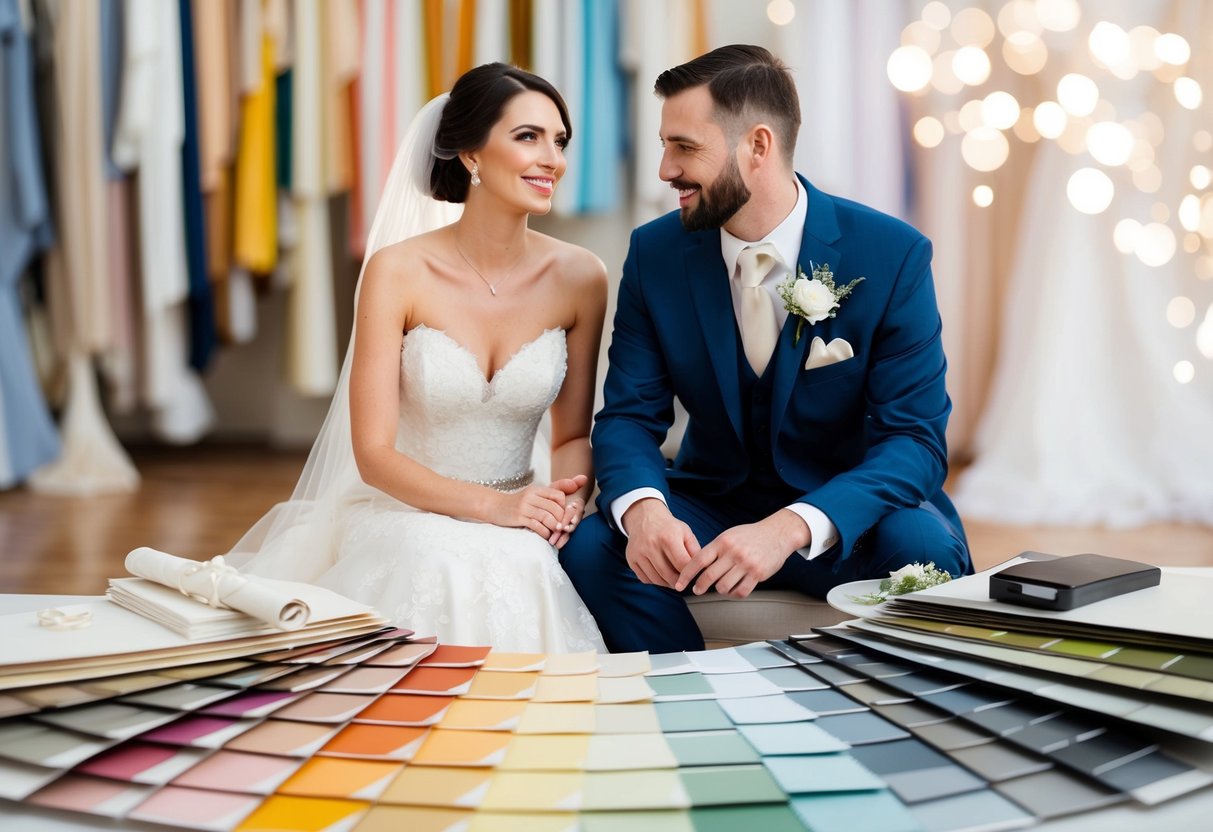 A bride and groom sit together, surrounded by swatches of fabric and paint samples, as they carefully select colors for their wedding palette