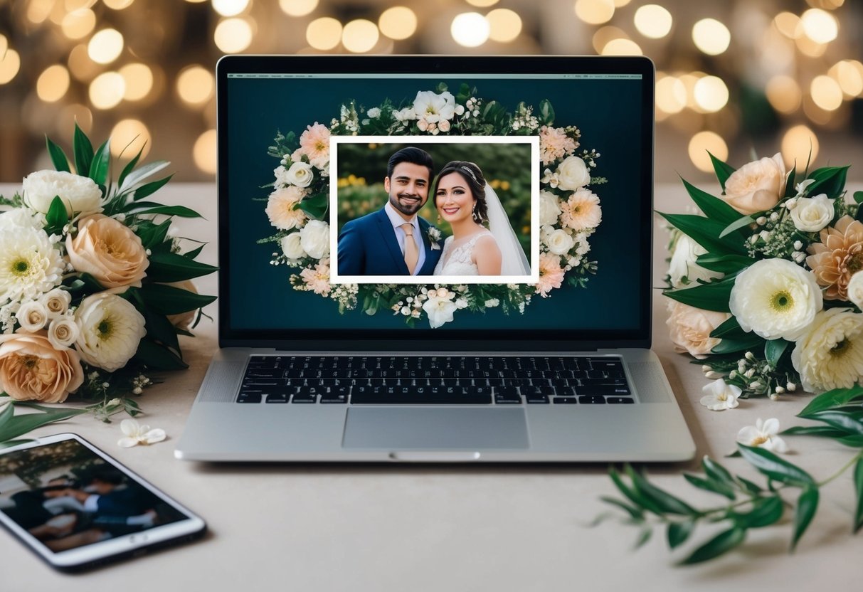 A laptop with a virtual wedding setup, surrounded by flowers and decorations, with a couple's photo as the backdrop