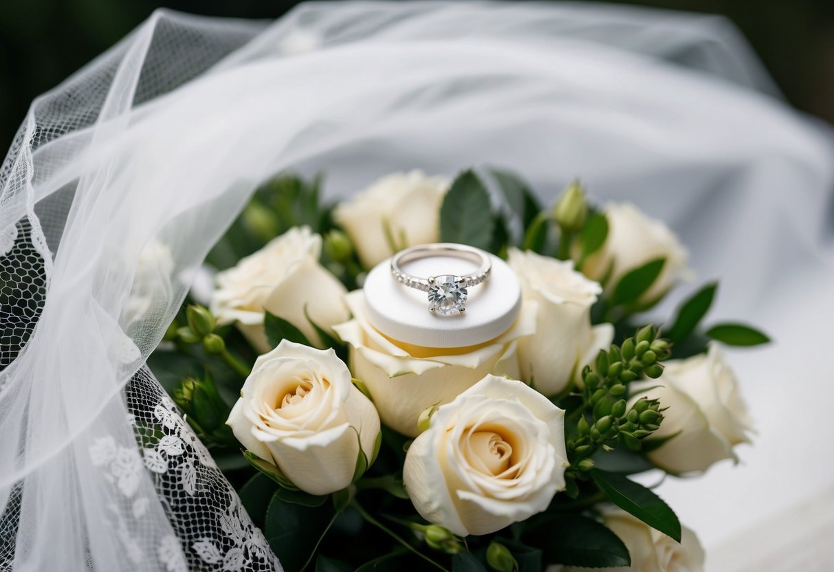 A delicate engagement ring rests atop a white lace veil, surrounded by a bouquet of white roses and greenery