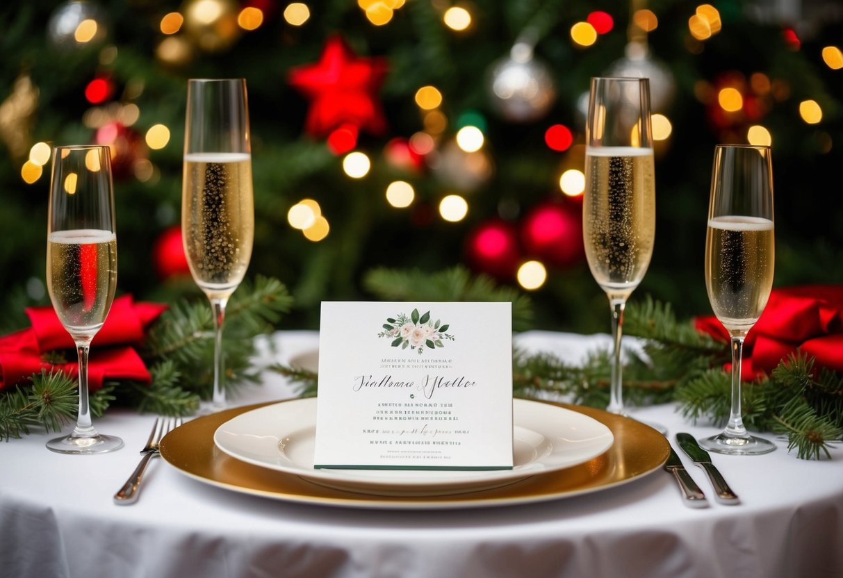A table set with champagne glasses and a wedding invitation surrounded by festive decorations