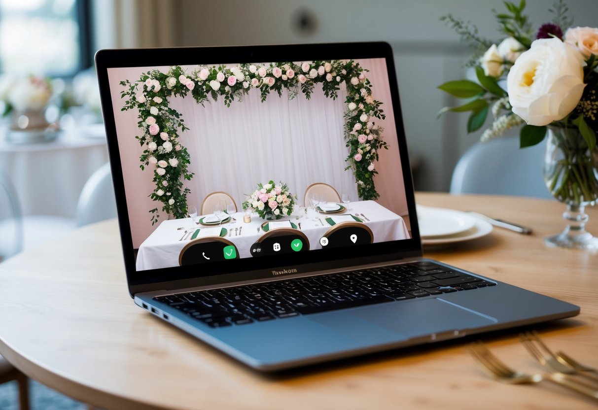 A laptop displaying a virtual wedding setup with a floral backdrop, elegant table settings, and a video call interface for guests to join