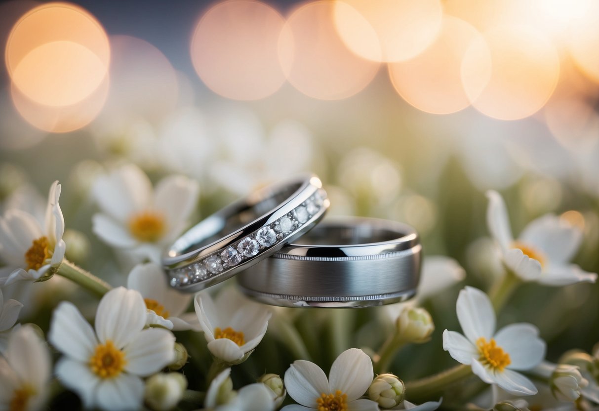 A pair of elegant wedding rings resting on a bed of delicate flowers, with a soft, warm light illuminating the scene