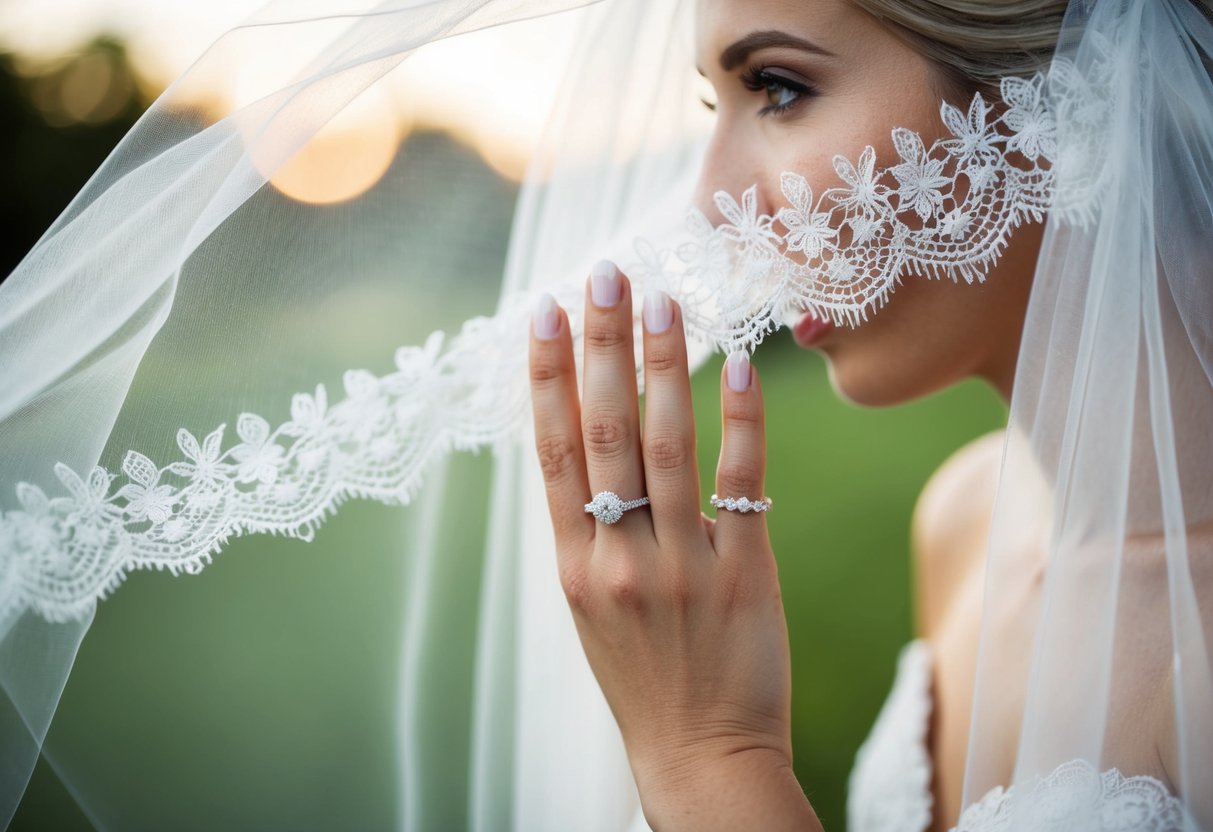 A bride's hand reaching for a delicate lace veil, with a sparkling engagement ring on her finger