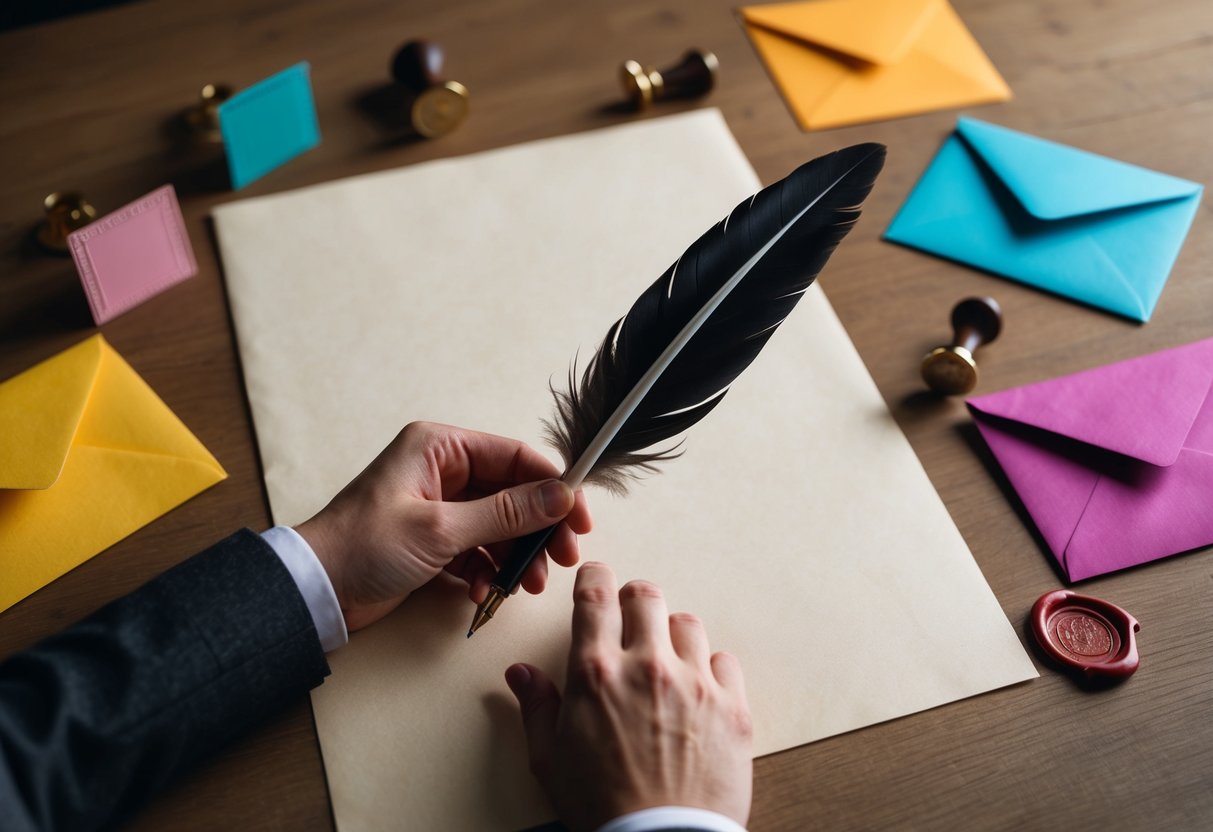 A hand holding a quill pen, poised over a blank sheet of parchment, surrounded by colorful envelopes and a wax seal stamp
