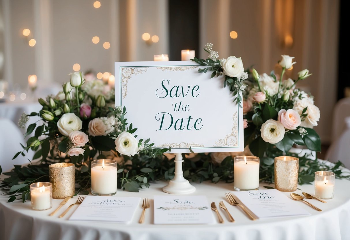 A table with elegant wedding invitations and a decorative sign indicating "Save the Date" surrounded by flowers and candles