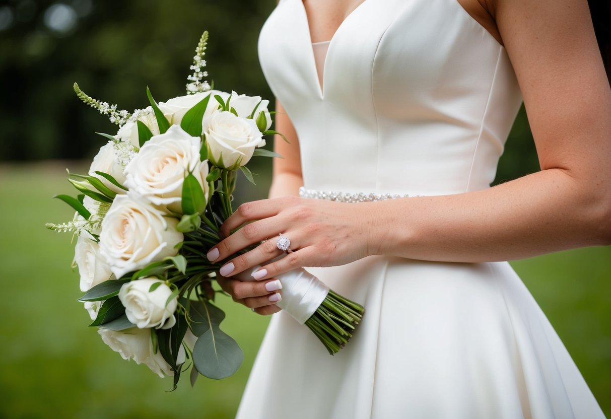 A bride's hand holding a wedding bouquet, with a sparkling engagement ring on her finger