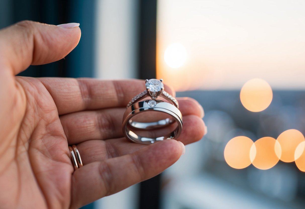 A close-up of a hand holding both an engagement ring and a wedding band, with a decision being made