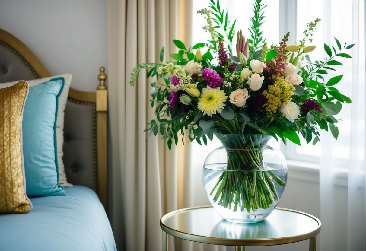 A clear glass vase filled with water sits on a bedside table, holding a vibrant and fragrant wedding bouquet of assorted flowers and greenery