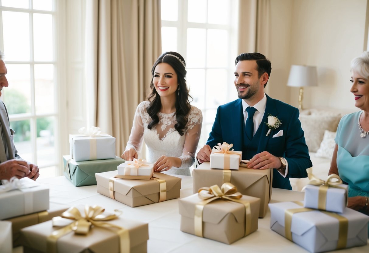 A couple sits at a table, opening wedding gifts from their parents. The room is filled with wrapped presents and the couple looks excited and grateful