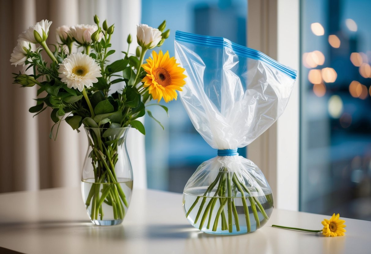 A vase with water, flower food, and a plastic bag covering the bouquet to keep it fresh overnight