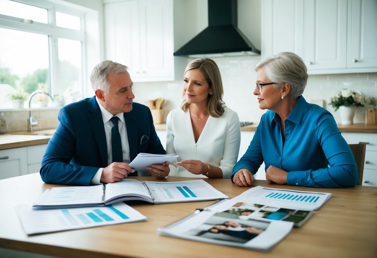 Parents discussing wedding budget at kitchen table, with spreadsheets and wedding magazines spread out
