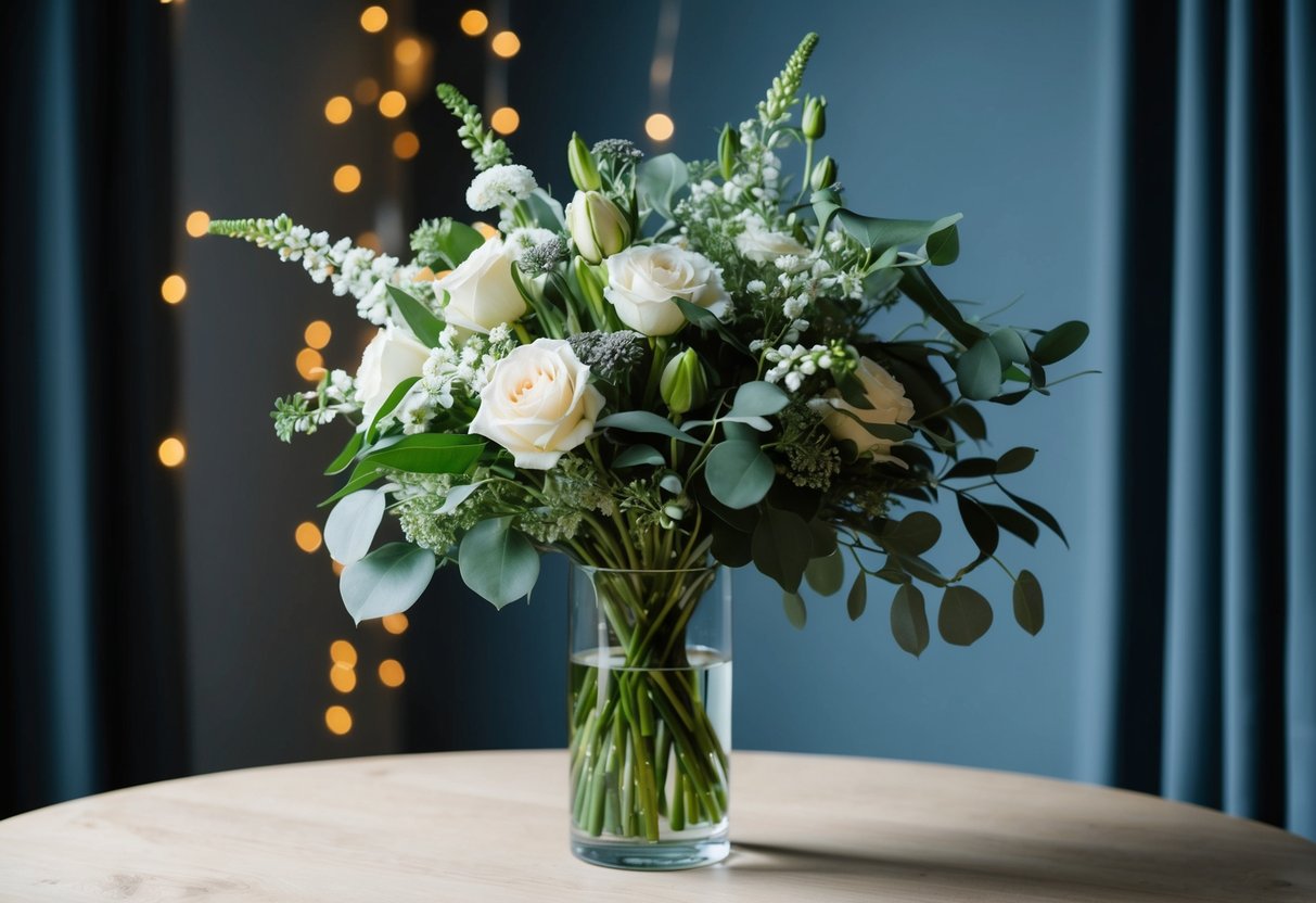 A wedding bouquet sits in a vase of water, placed in a cool, dark room overnight