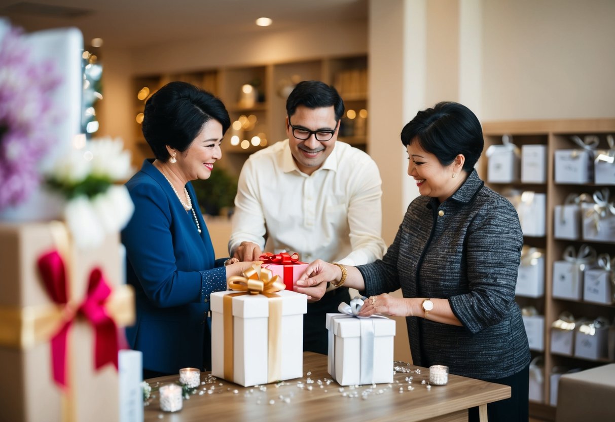 Parents selecting and purchasing a wedding gift for the bride